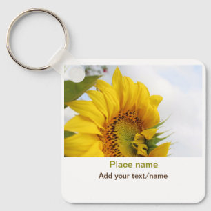 Yellow sunflower garden add photo text name travel keychain