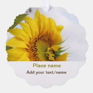 Yellow sunflower garden add photo text name travel ornament card