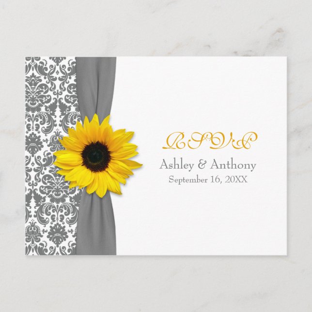 Yellow Sunflower Grey Damask Wedding RSVP Postcard (Front)
