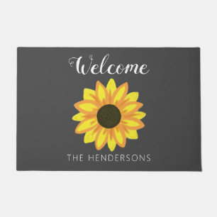 Yellow Sunflower Grey Welcome Script Family Name Doormat