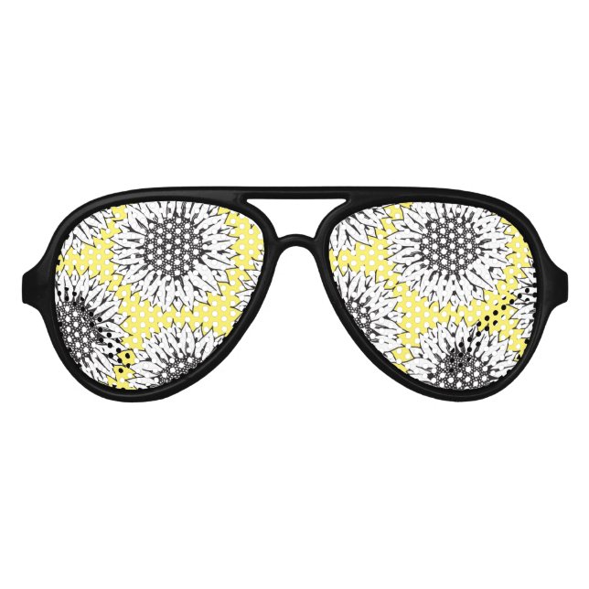 Yellow Sunflower in Black and White Hand Drawing Aviator Sunglasses (Front)