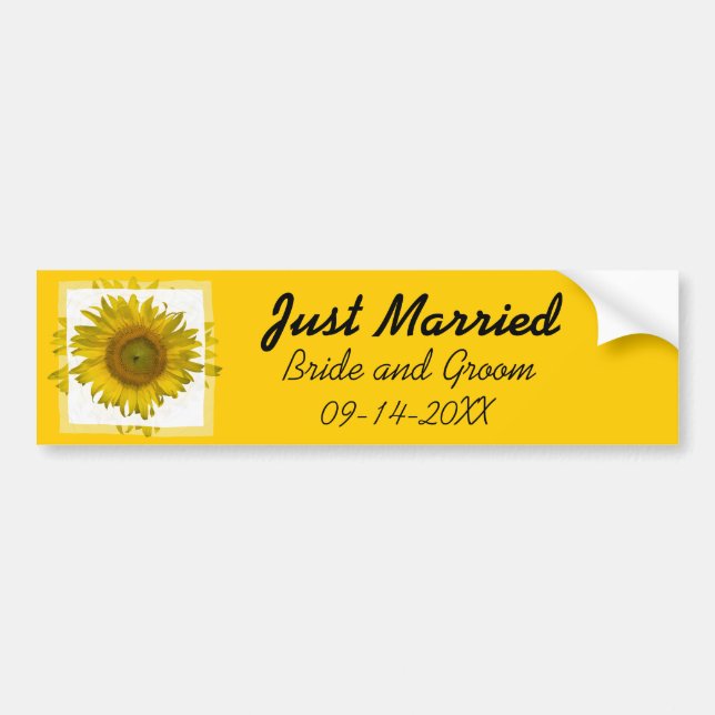 Yellow Sunflower Just Married Bumper Sticker (Front)