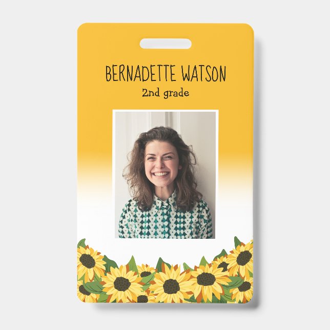 Yellow Sunflower Kindergarten School Teacher Badge (Front)