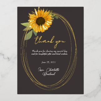 Yellow Sunflower Modern Floral Thank You Foil Invitation Postcard