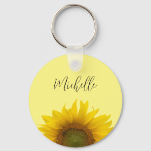 Yellow Sunflower Monogram Script Typography Keychain