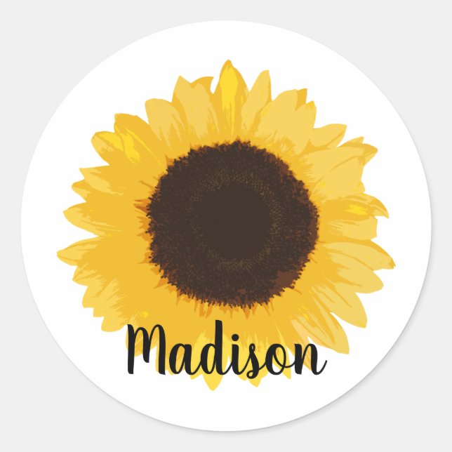 Yellow Sunflower Name Classic Round Sticker (Front)