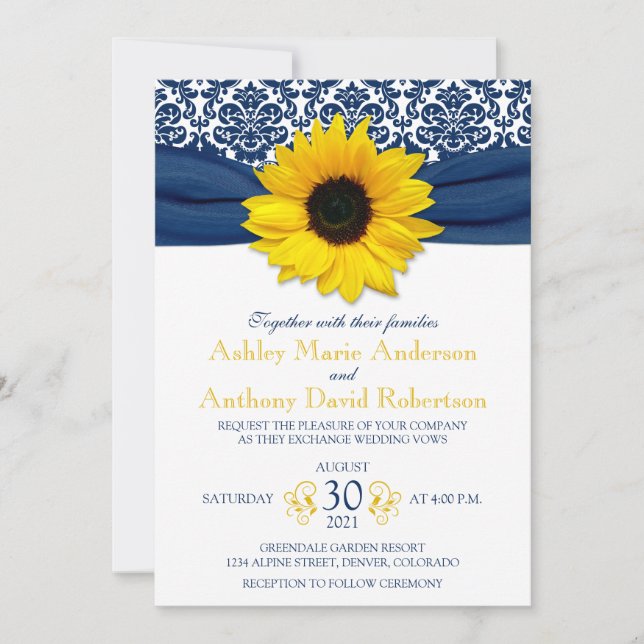 Yellow Sunflower Navy Blue Damask Ribbon Wedding Invitation (Front)