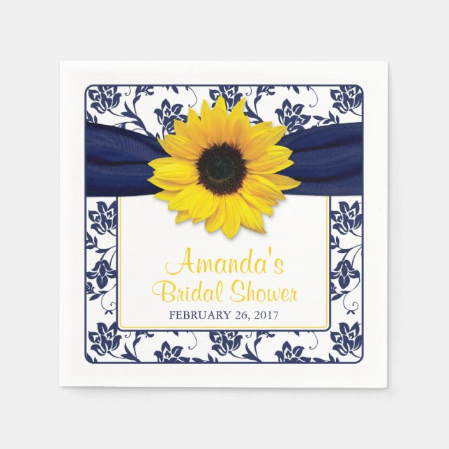 Yellow Sunflower Navy Blue Personalized Wedding Napkin (Front)