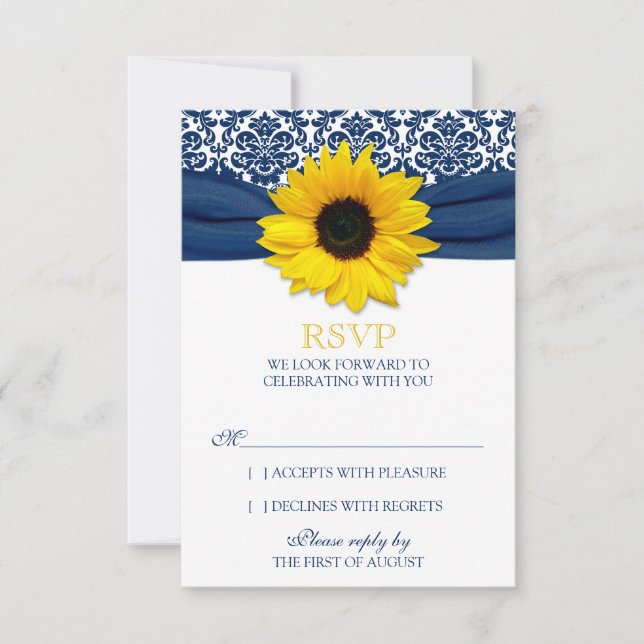 Yellow Sunflower Navy Damask Ribbon Wedding RSVP (Front)