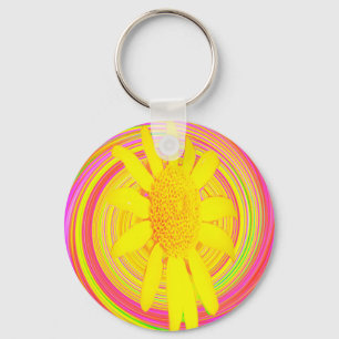 Yellow Sunflower on a Psychedelic Swirl Keychain