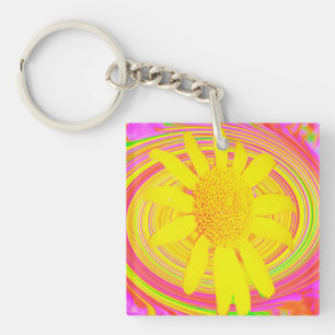 Yellow Sunflower on a Psychedelic Swirl Keychain