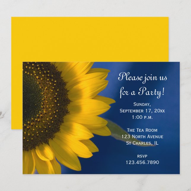 Yellow Sunflower on Blue General Party Invitation (Front/Back)