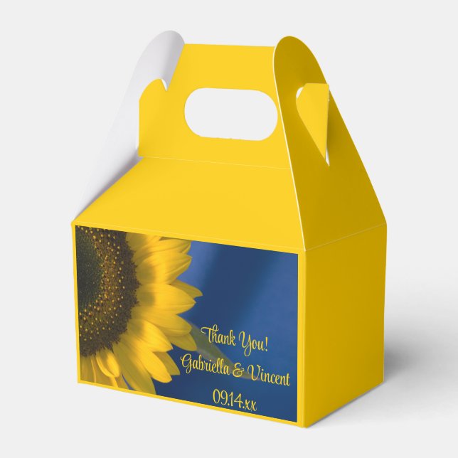 Yellow Sunflower on Blue Wedding Favor Box (Front Side)
