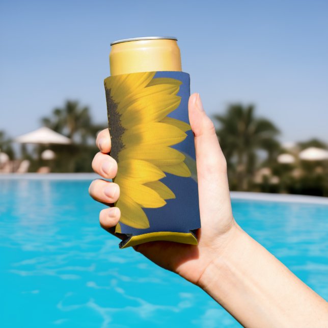 Yellow Sunflower on Blue Wedding Favour Seltzer Can Cooler (In Situ Pool)