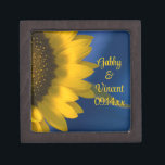 Yellow Sunflower on Blue Wedding Jewelry Box<br><div class="desc">Customize the pretty Sunflower on Blue Wedding Gift Box with the personal names of the newlywed bride and groom and specific summer or fall marriage ceremony date. Create a beautiful personalized keepsake wedding gift for the newlyweds thank you present for your wedding attendants, bridesmaids and bridal party. This elegant little...</div>