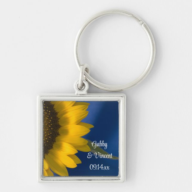 Yellow Sunflower on Blue Wedding Keychain (Front)