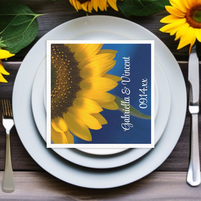 Yellow Sunflower on Blue Wedding Napkin (Creator Uploaded)