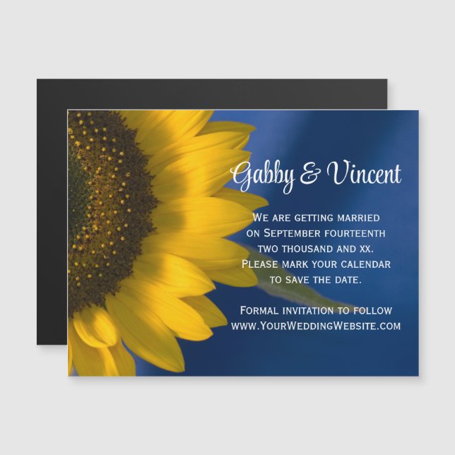 Yellow Sunflower on Blue Wedding Save the Date Magnetic Invitation (Front/Back)