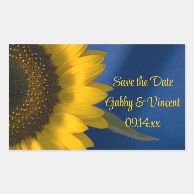 Yellow Sunflower on Blue Wedding Save the Date Sticker (Front)