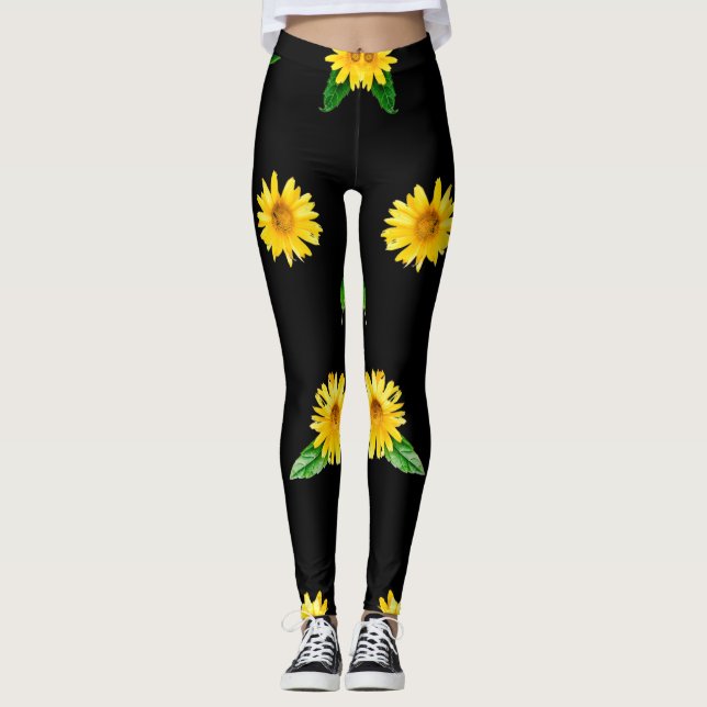 Yellow sunflower on dark black background leggings (Front)