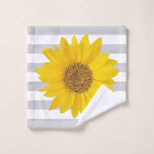 Yellow Sunflower on White and Gray Stripes Wash Cloth