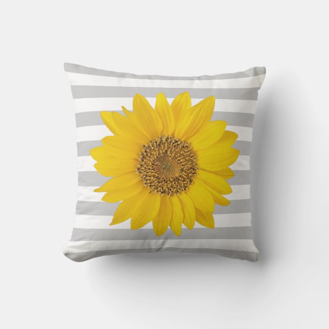 Yellow Sunflower on White and Grey Stripes Throw Pillow (Front)