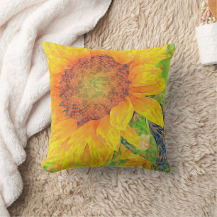 Yellow Sunflower Painterly-Green accents Throw Pillow