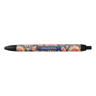 Yellow Sunflower Pattern Navy Blue Personalized Black Ink Pen