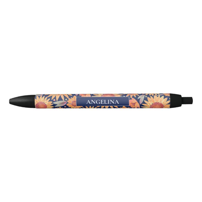 Yellow Sunflower Pattern Navy Blue Personalized  Black Ink Pen (Front)