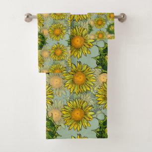 Yellow Sunflower Pattern on Teal Background Bath Towel Set