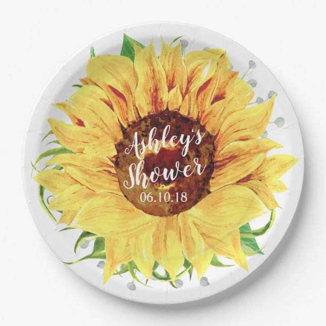 Yellow Sunflower Personalized Bridal Shower Paper Plate (Front)