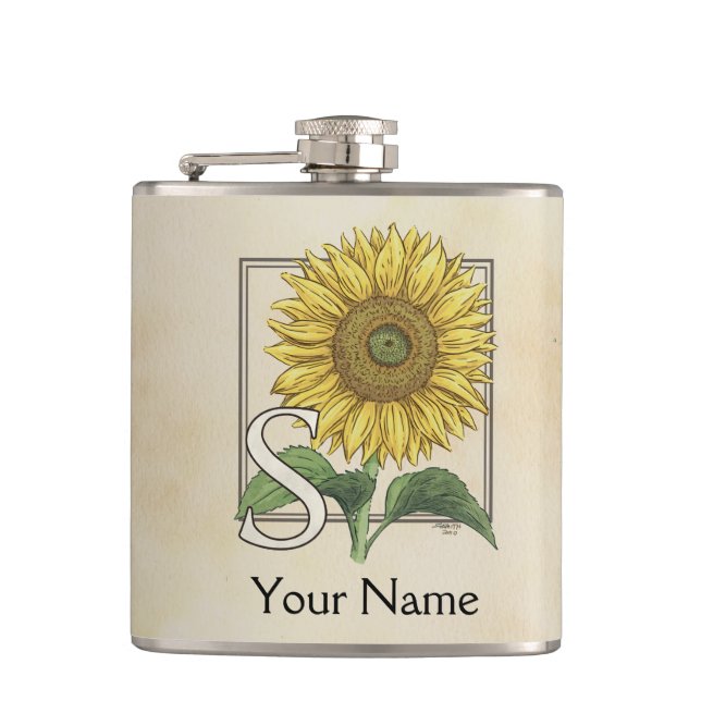 Yellow Sunflower Personalized Monogram Hip Flask (Front)