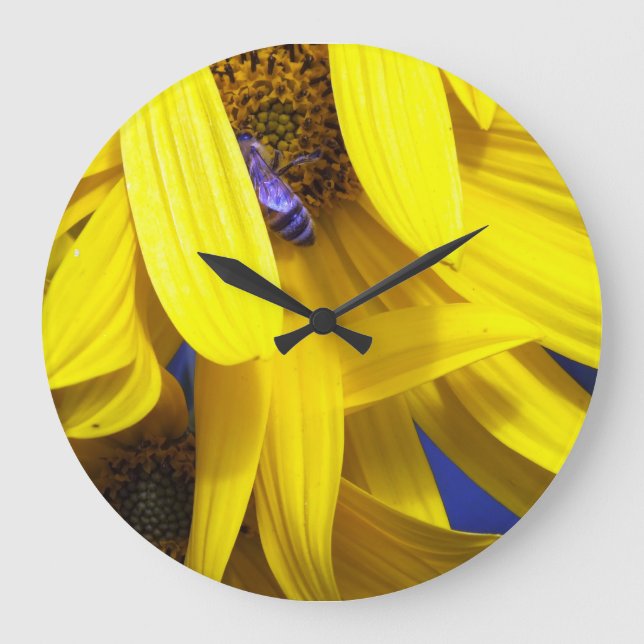 Yellow sunflower Petals N Blue Bee Wall Clock (Front)