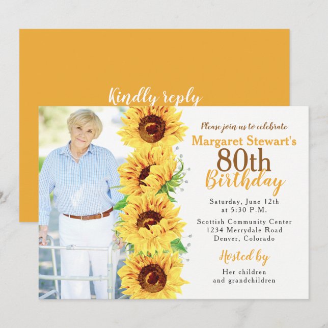 Yellow Sunflower Photo 80th Birthday Invitation (Front/Back)