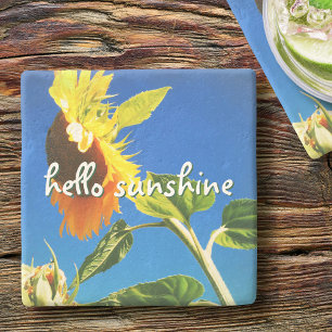 Yellow Sunflower Photo Hello Sunshine Script Bold Stone Coaster