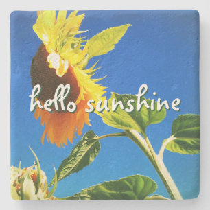 Yellow Sunflower Photo Hello Sunshine Script Bold Stone Coaster