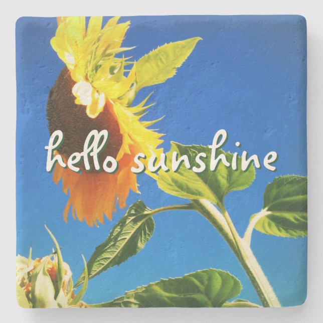 Yellow Sunflower Photo Hello Sunshine Script Bold Stone Coaster (Front)