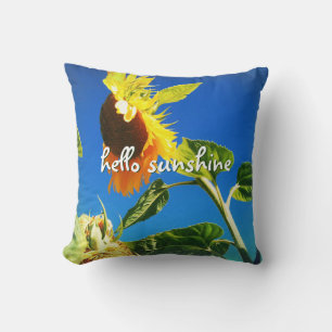 Yellow Sunflower Photo Hello Sunshine Script Bold Throw Pillow