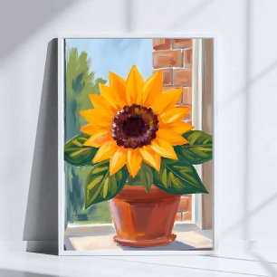 Yellow Sunflower Pot Floral Watercolor Art Poster