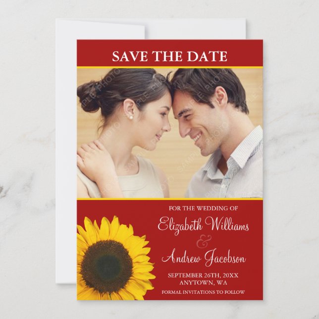 Yellow Sunflower Red Photo Save the Date (Front)