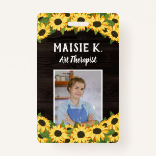 Yellow Sunflower & Rustic Dark Wood Photo Badge