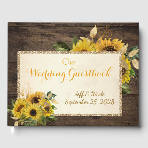 Yellow Sunflower Rustic on Wood Guest Book