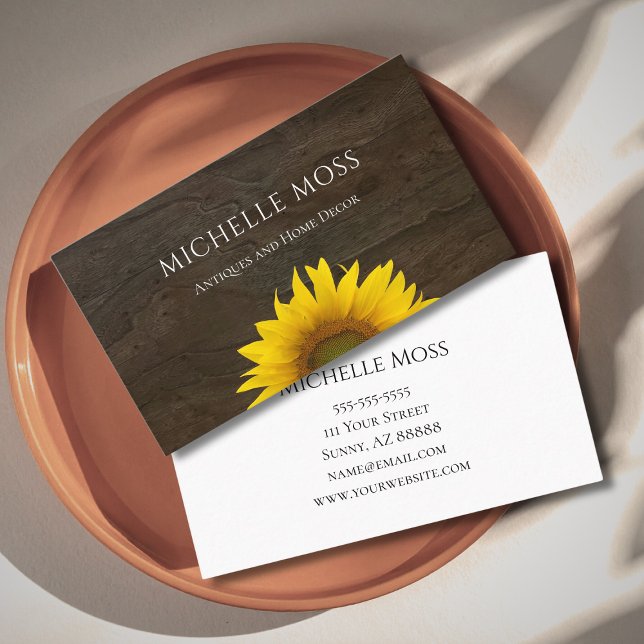 Yellow Sunflower Rustic Wood Simple  Business Card (Creator Uploaded)