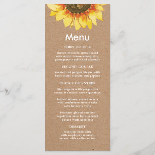 Yellow sunflower. Simple Rustic Wedding Menu Card