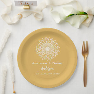 Yellow Sunflower Sketch Personalized Wedding Paper Plate