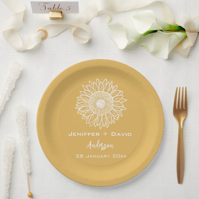 Yellow Sunflower Sketch Personalized Wedding Paper Plate (Wedding)