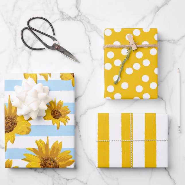 Yellow Sunflower Spots And Stripes Pattern Wrapping Paper Sheet (Front)