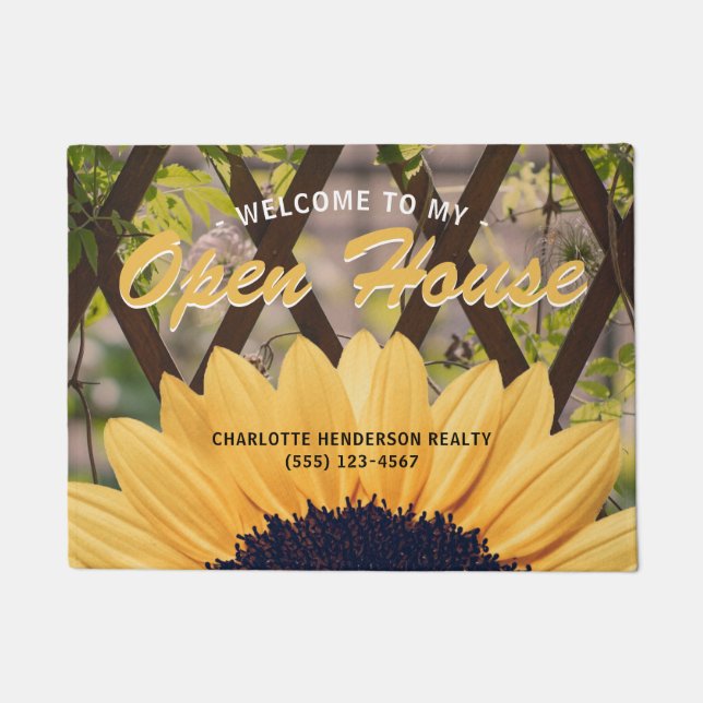 Yellow Sunflower Trellis Real Estate Open House Doormat (Front)