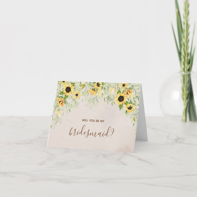 Yellow Sunflower Watercolor Be My Bridesmaid Card (Front)