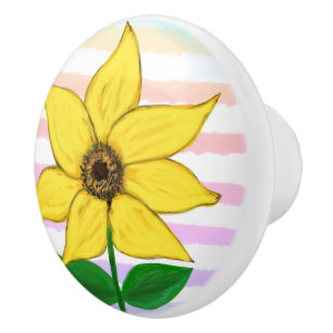 Yellow Sunflower Watercolor Stripes Ceramic Knob